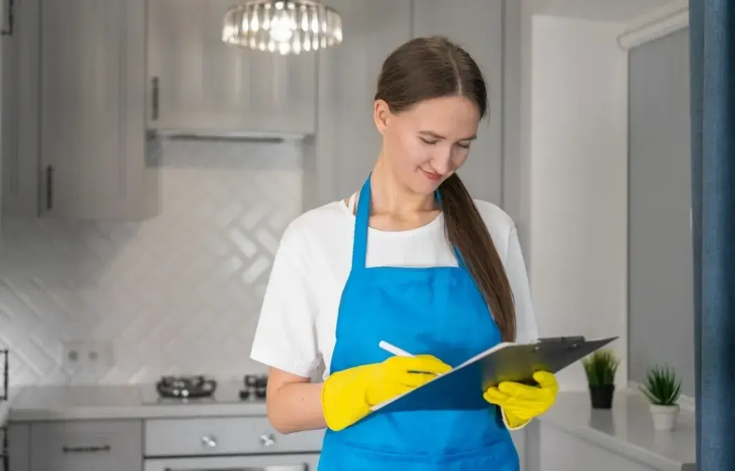 Smiling cleaning professional in blue apron taking notes on a checklist in a modern kitchen.