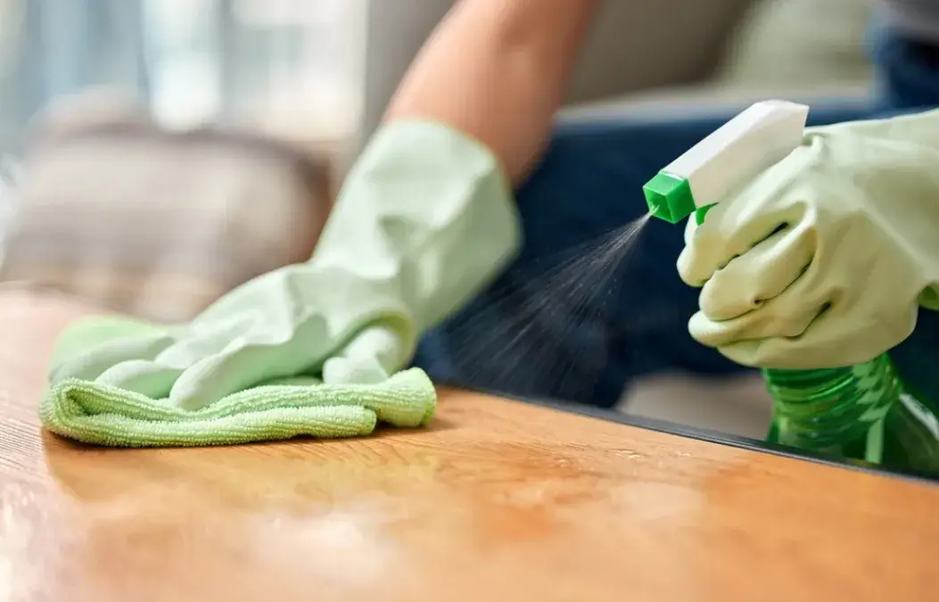 Close-up of a person wearing green gloves cleaning a wooden surface with a spray bottle and microfiber cloth.