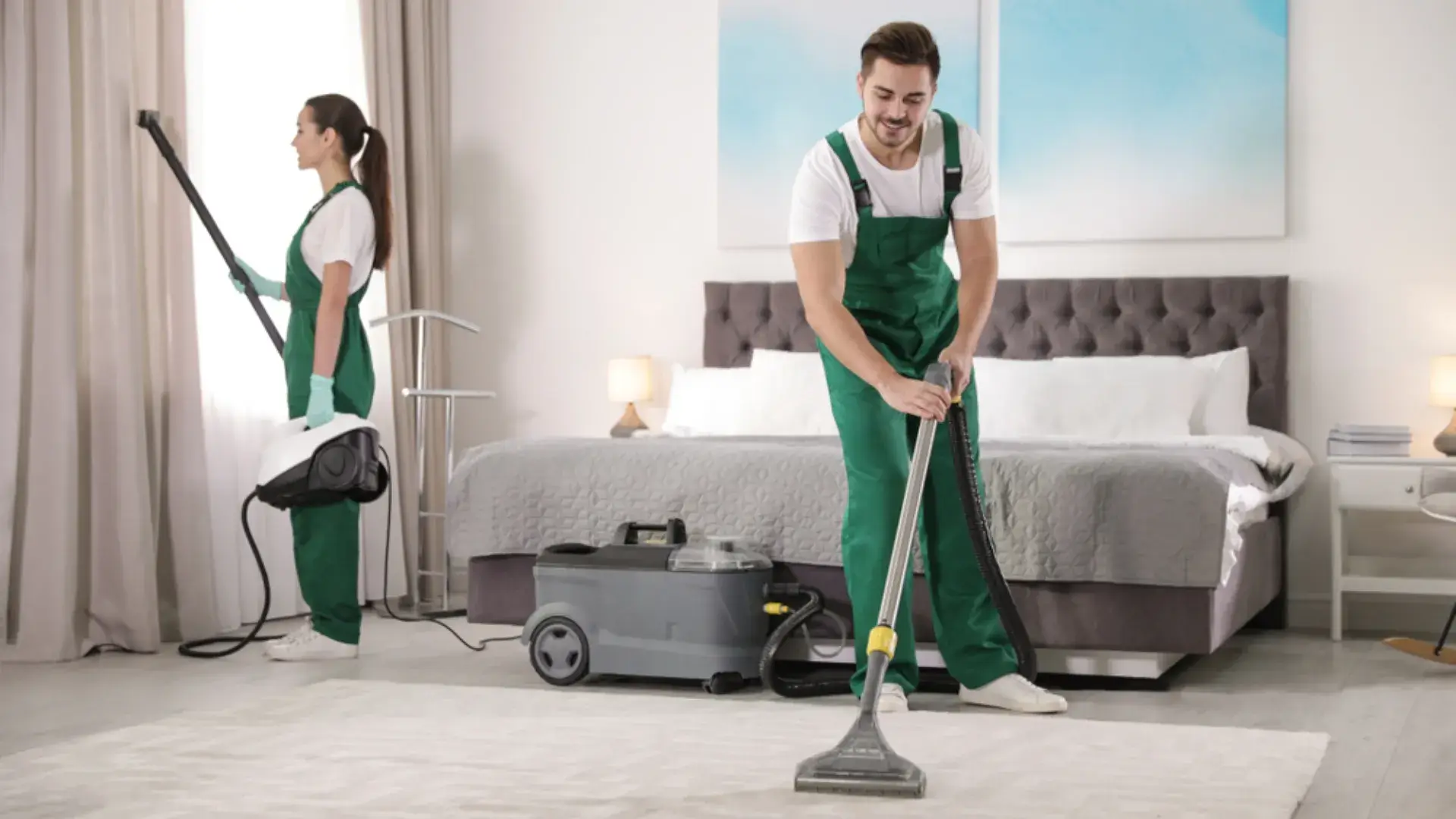 Professional cleaners vacuuming a carpet and cleaning curtains in a modern bedroom.