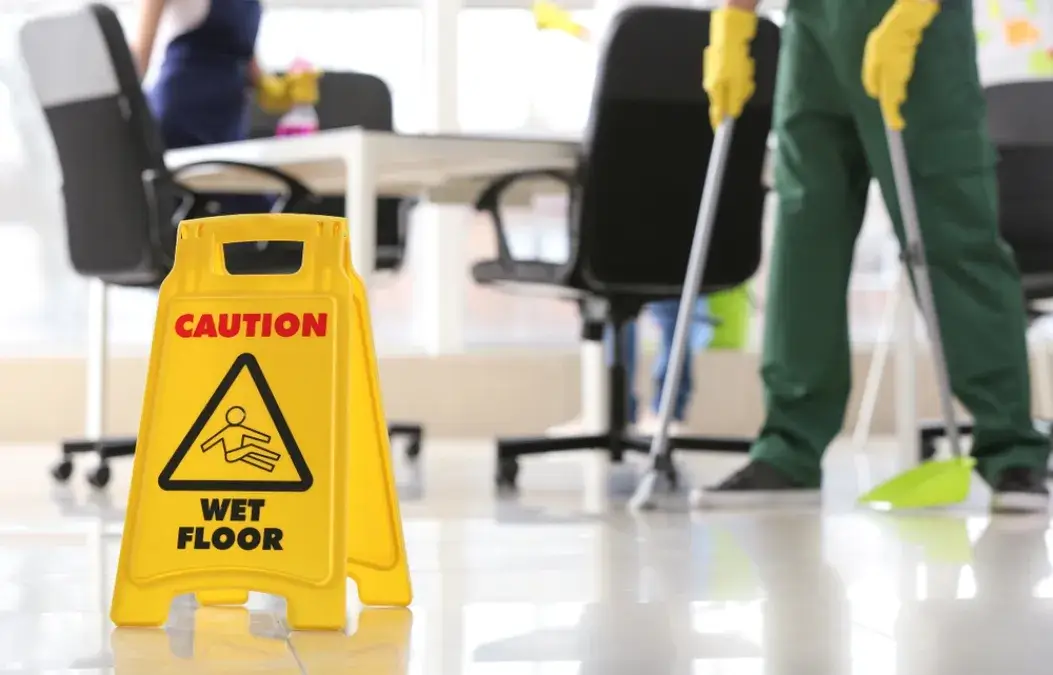 Yellow "Caution Wet Floor" sign in an office while cleaning staff mop the floor.