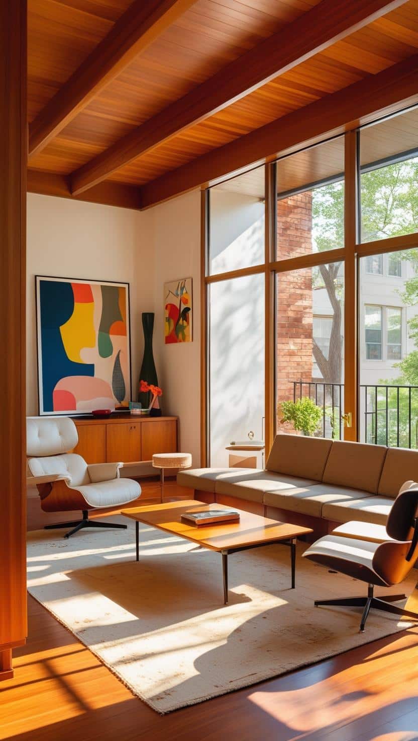 Stylish mid-century modern apartment interior with vintage furniture, wooden accents, and large windows for natural lighting.