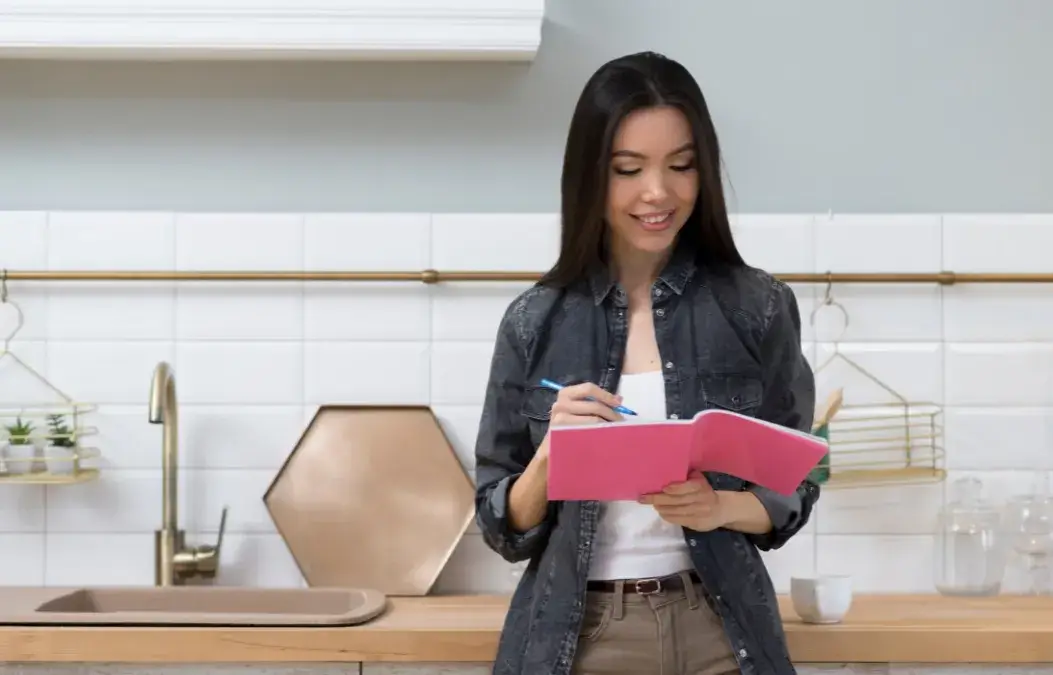 A young woman writing in a pink notebook while standing in a stylish kitchen.
