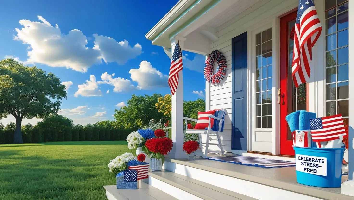 Pristine McKinney, TX home decorated for 4th of July with American flags, picnic setup, and professional cleaning supplies on porch showcasing spotless windows and floors.