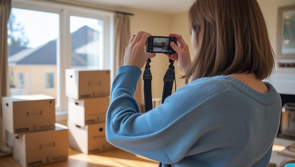 Person documenting unpacked moving boxes in living room before professional post-move deep cleaning service