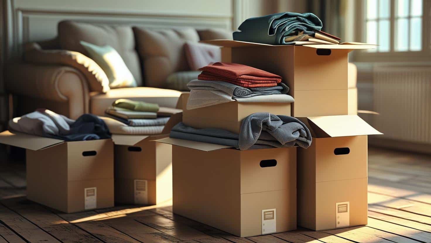Post-move deep cleaning service in a living room with unpacked boxes, ensuring a dust-free and sanitized new home.