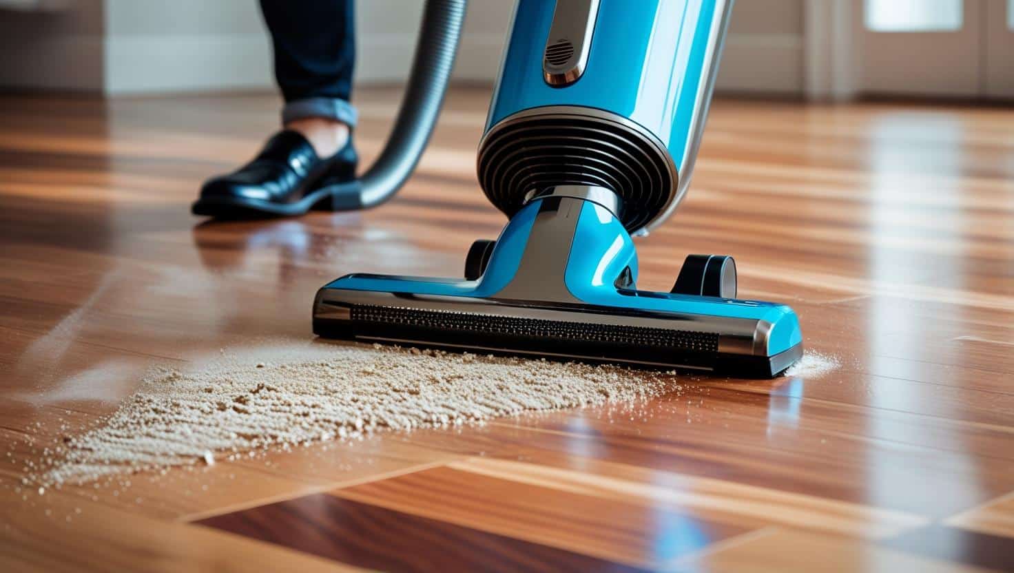 Professional deep cleaning service vacuuming hardwood floors with powerful vacuum cleaner