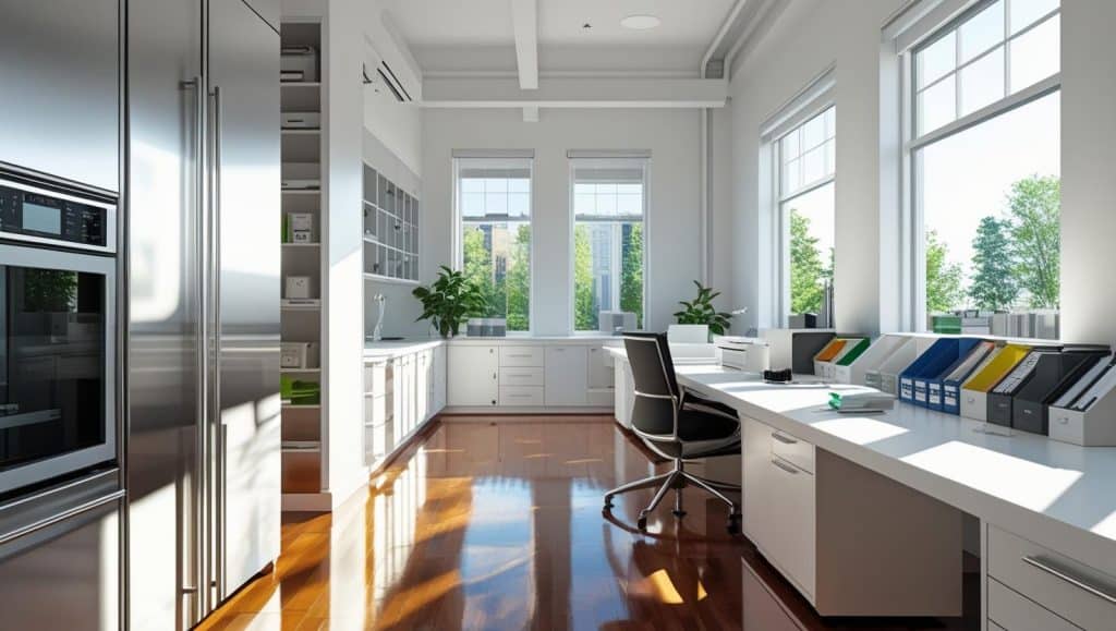 Open-concept creative office after professional cleaning service with sanitized shared tables and spotless lounge areas