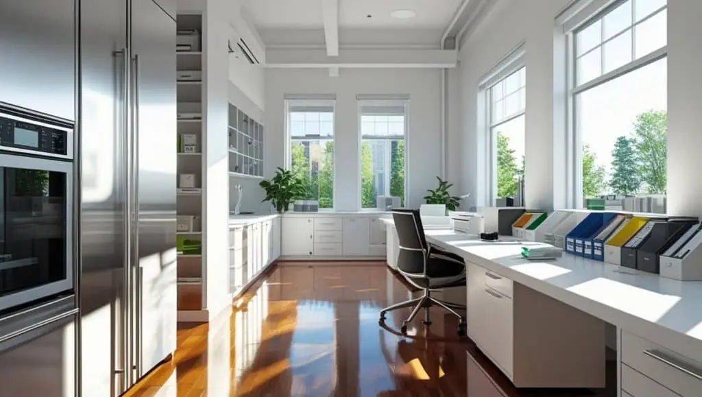 Open-concept creative office after professional cleaning service with sanitized shared tables and spotless lounge areas