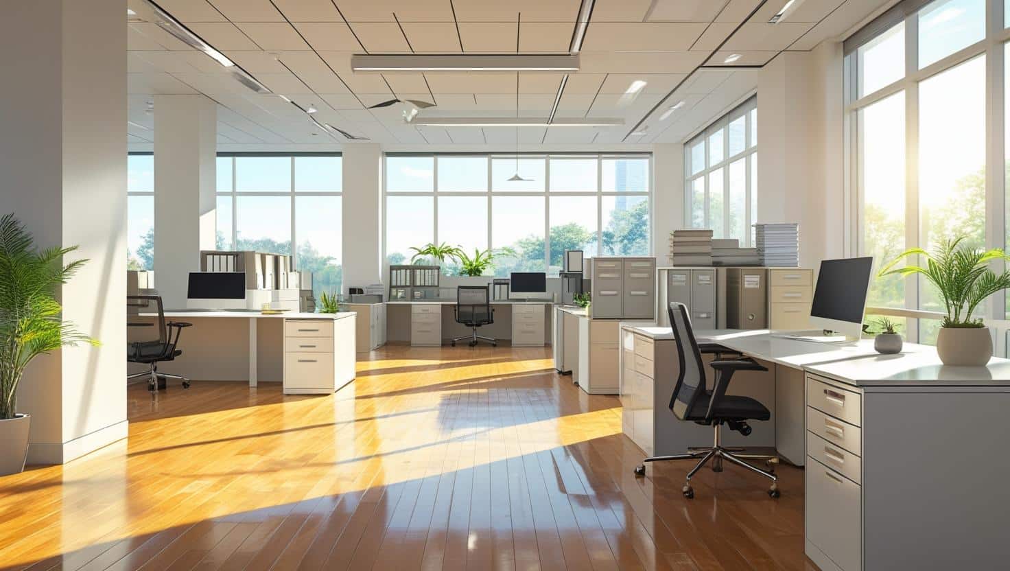 Immaculate professional office after commercial cleaning service with sanitized desks and streak-free windows