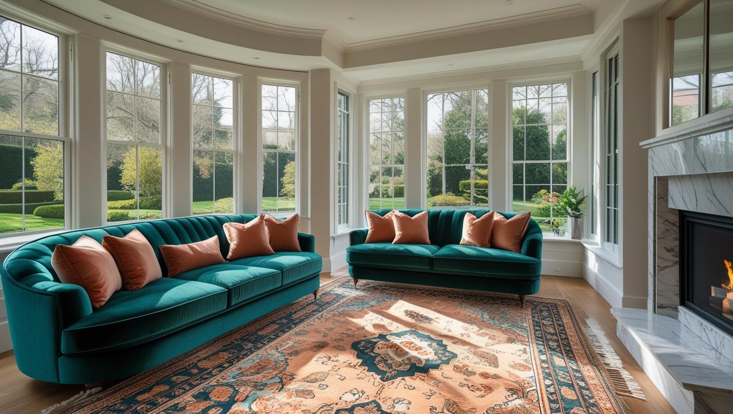 Spotless modern living room with emerald green sofa and crystal-clean windows after professional deep cleaning service