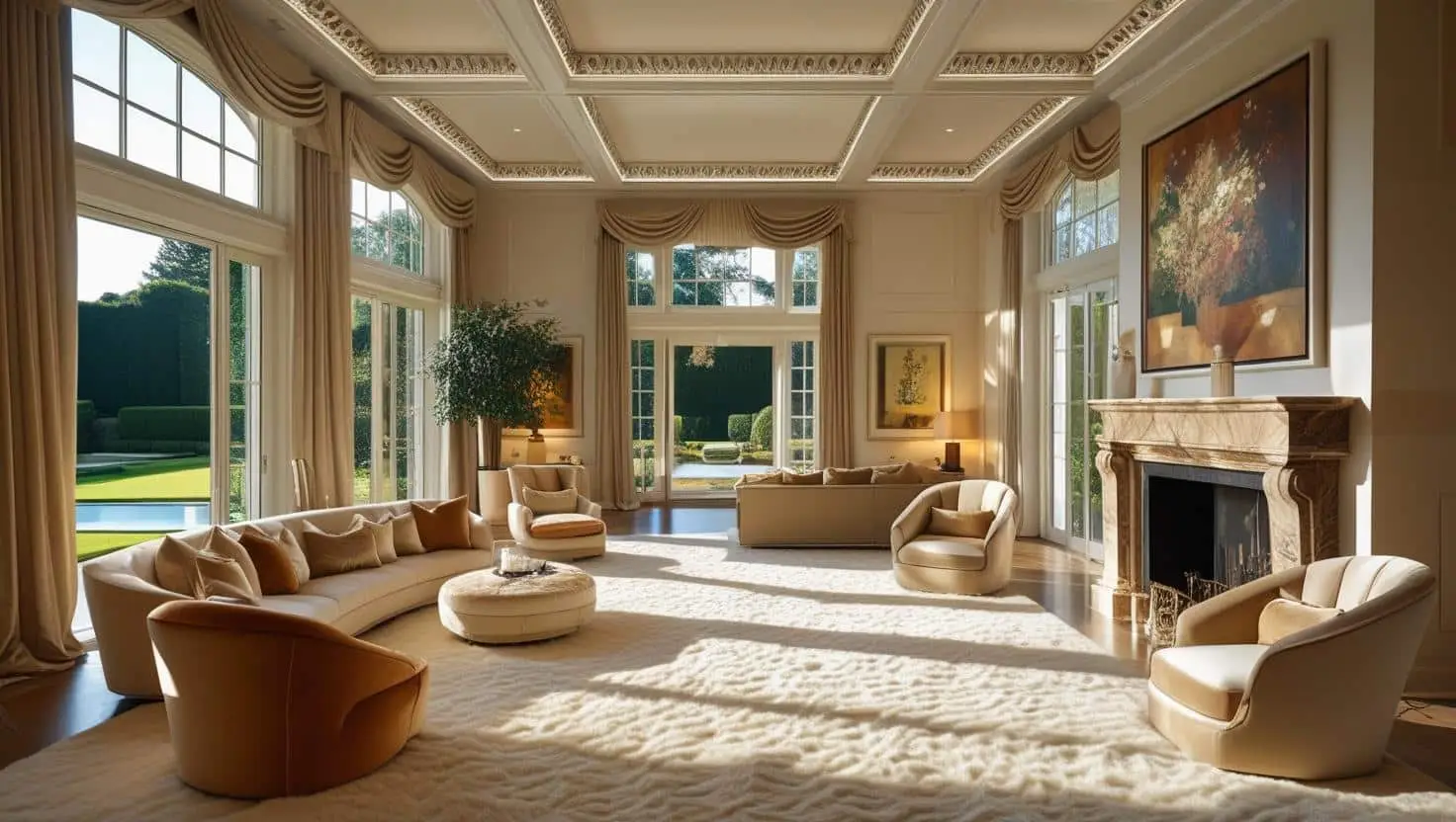 Luxury living room interior design with designer furniture, crystal chandelier, and spotless marble floors after premium cleaning service