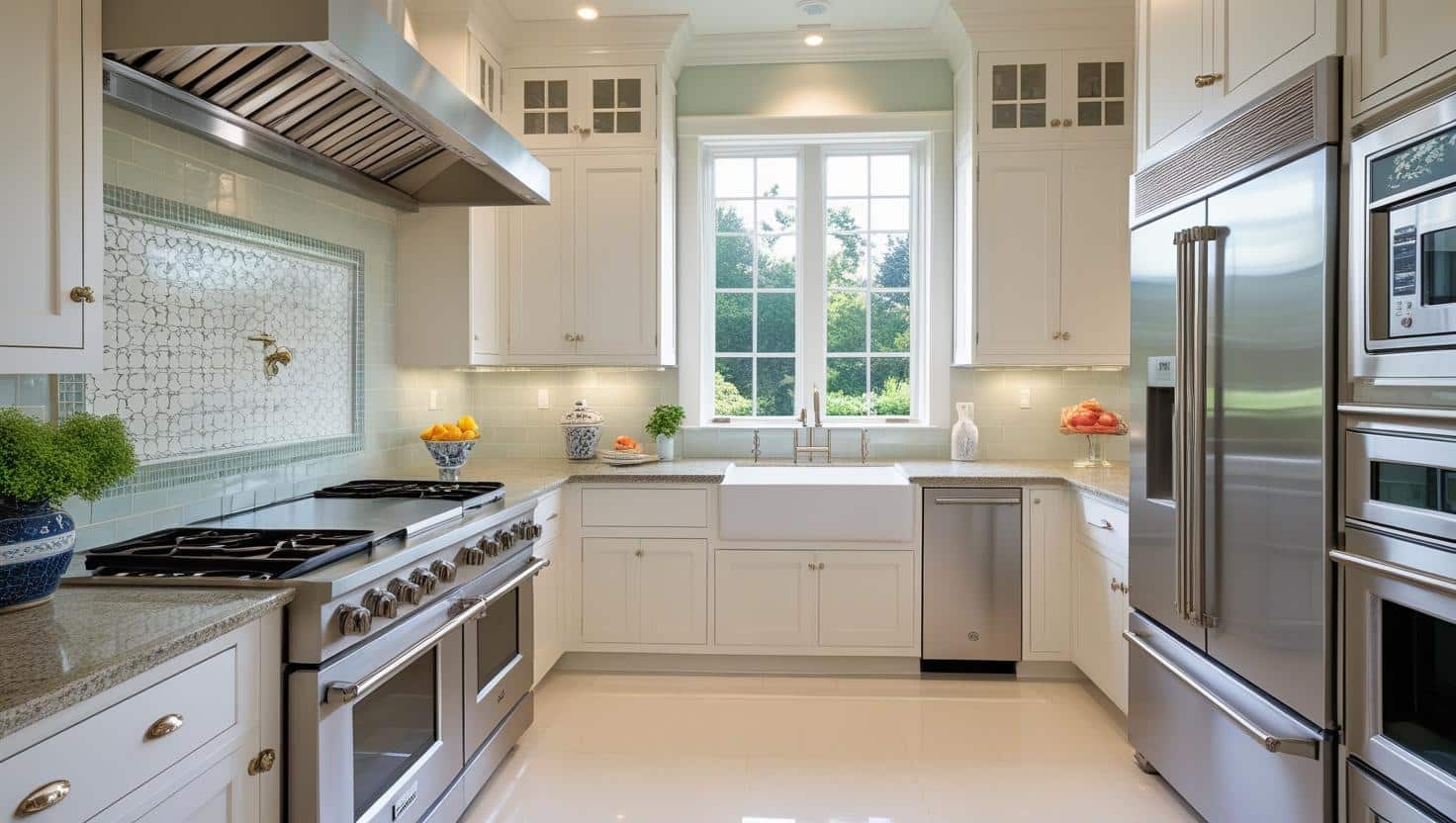 Spotless modern kitchen with stainless steel appliances - refrigerator, stove, and microwave professionally cleaned to a brilliant shine