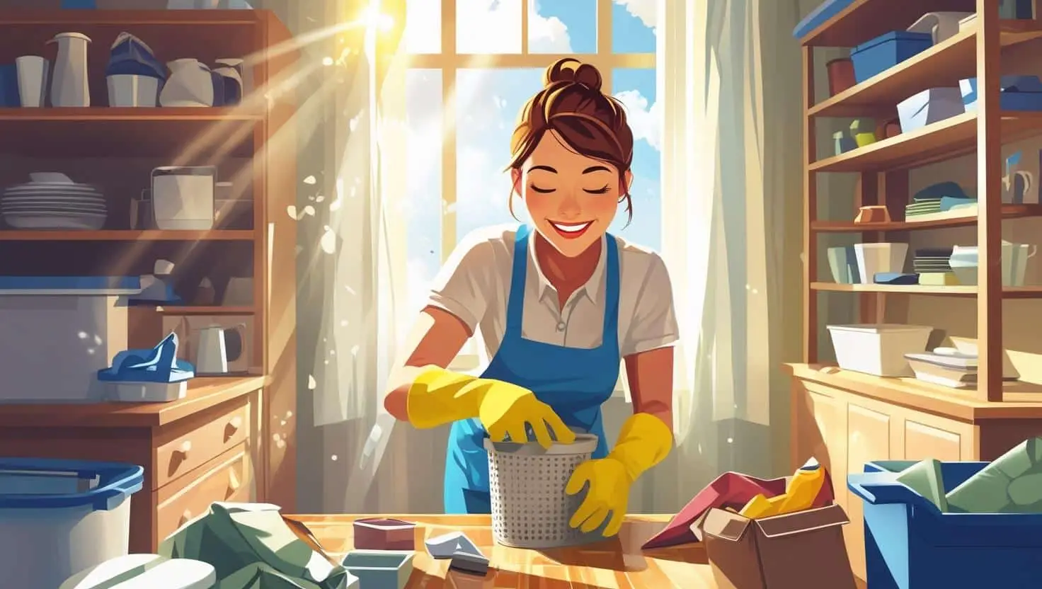 Happy woman organizing her kitchen cabinets with reusable containers, smiling while saving money with cost-effective home solutions.