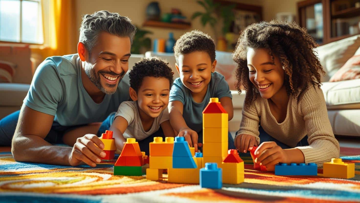 Happy family playing on spotless living room floor after professional deep cleaning service, safe for kids and pets