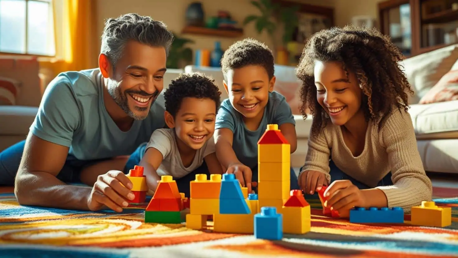 Happy family playing on spotless living room floor after professional deep cleaning service, safe for kids and pets