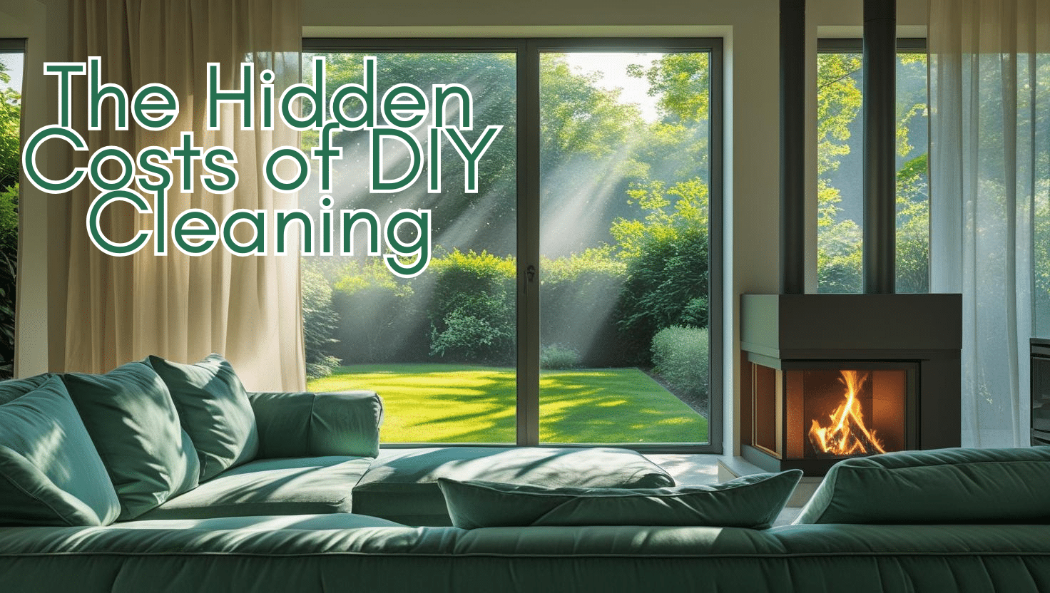 Living room with clean carpets and sofa beside text 'The Hidden Costs of DIY Cleaning' highlighting professional cleaning service benefits
