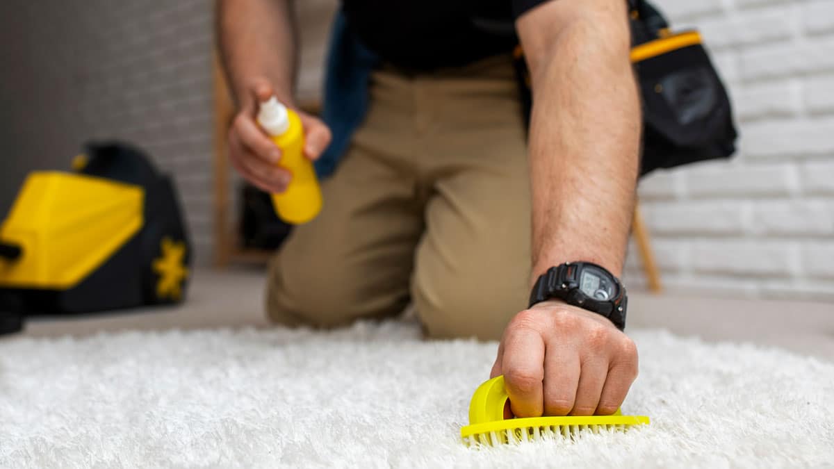 Person using holiday carpet cleaning tips to scrub a stain from a white carpet.