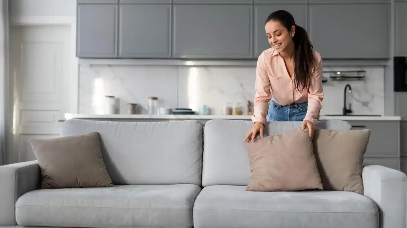 Woman arranging cushions on a gray sofa in an open-plan living area with modern kitchen