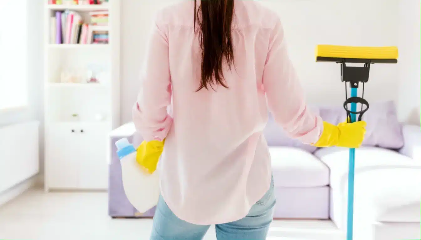 Woman seen from behind holding a mop and detergent in a bright living room.