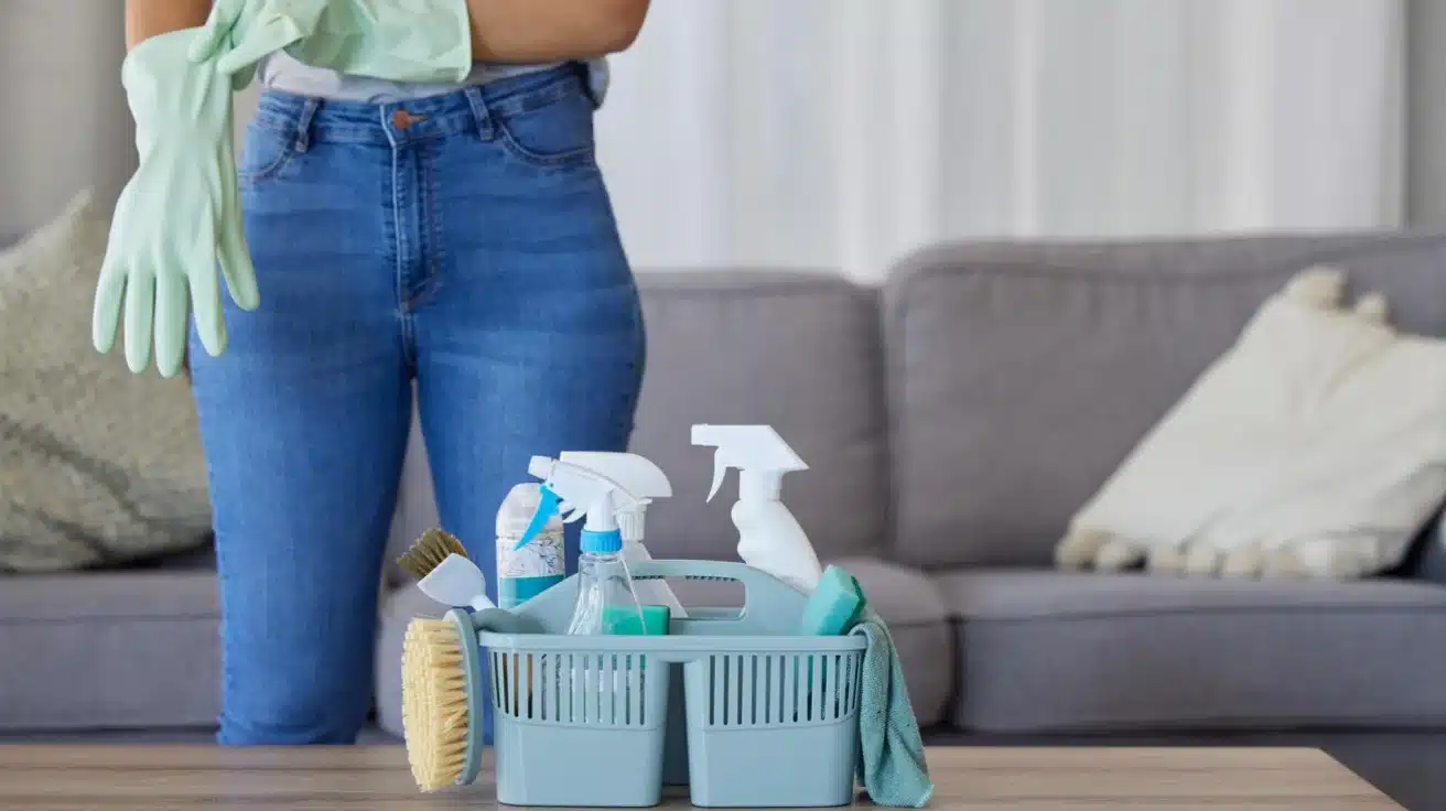 Woman in jeans putting on mint green rubber gloves next to a blue caddy filled with spray bottles, brushes, and sponges in a living room