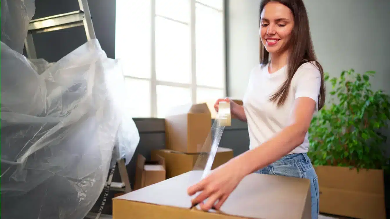 woman taping a cardboard box shut surrounded by moving boxes