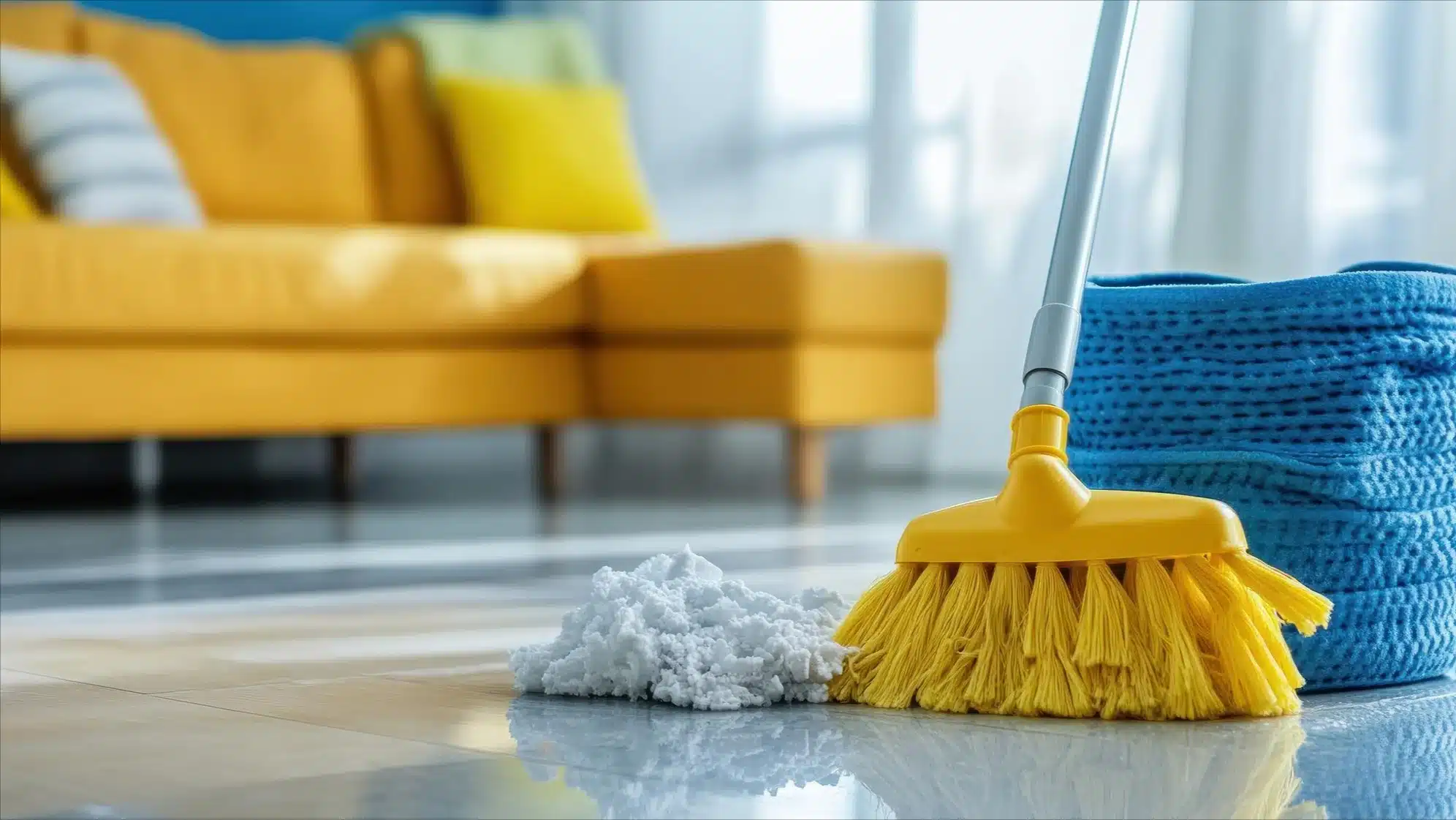 yellow broom sweeping floor in living room