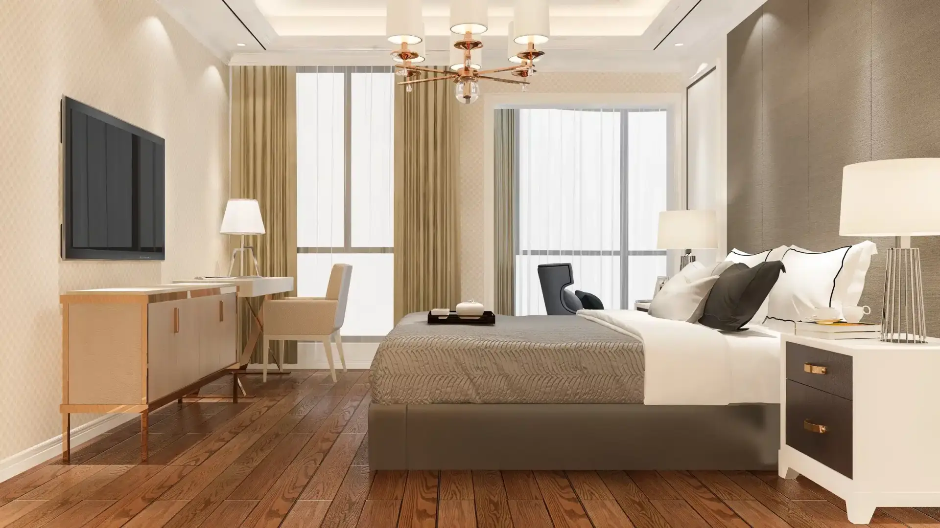 Luxury bedroom suite with hardwood floor and chandelier