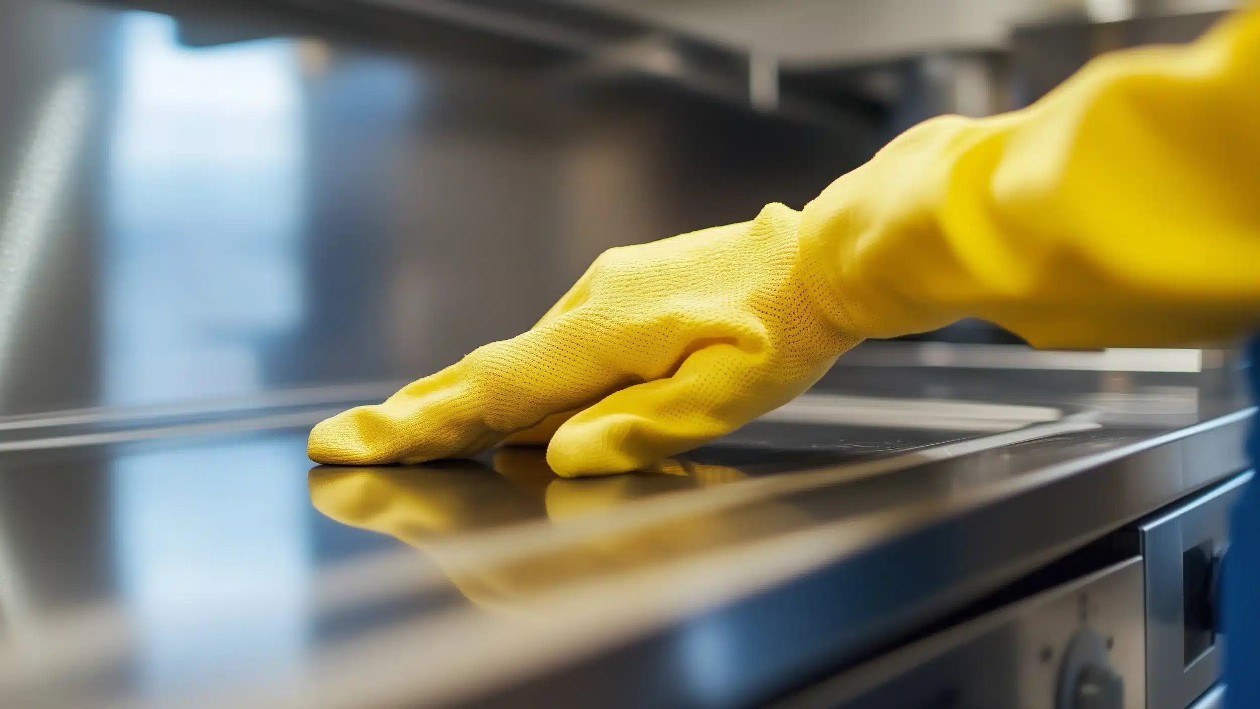 Yellow gloved hand wiping a stainless steel kitchen appliance