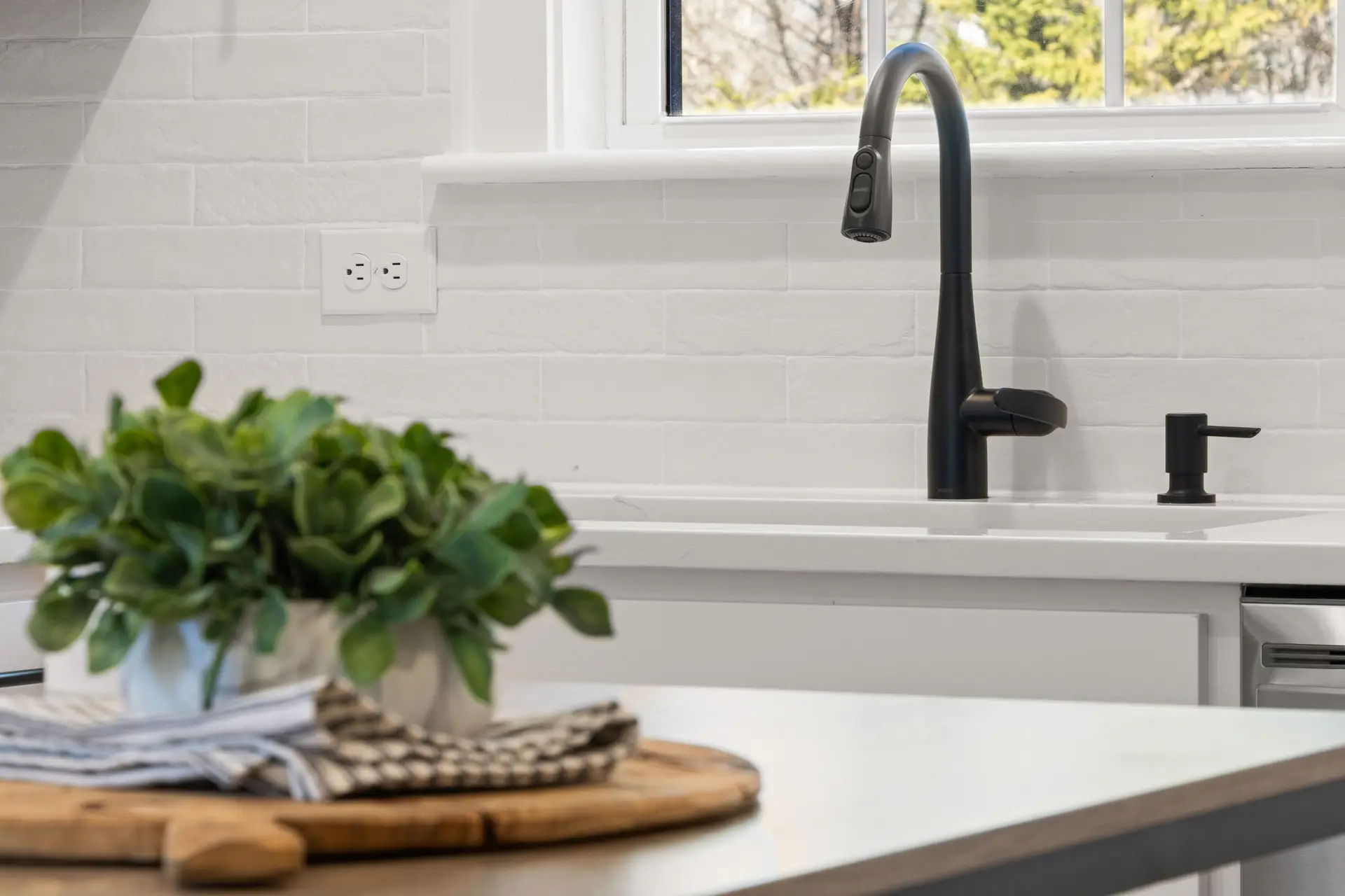 Clean white kitchen counter with plant in a modern Celina TX home