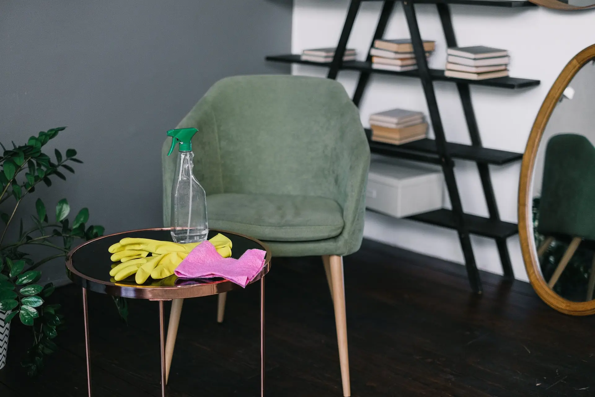 Cleaning supplies and gloves on a table in a modern Flower Mound TX home