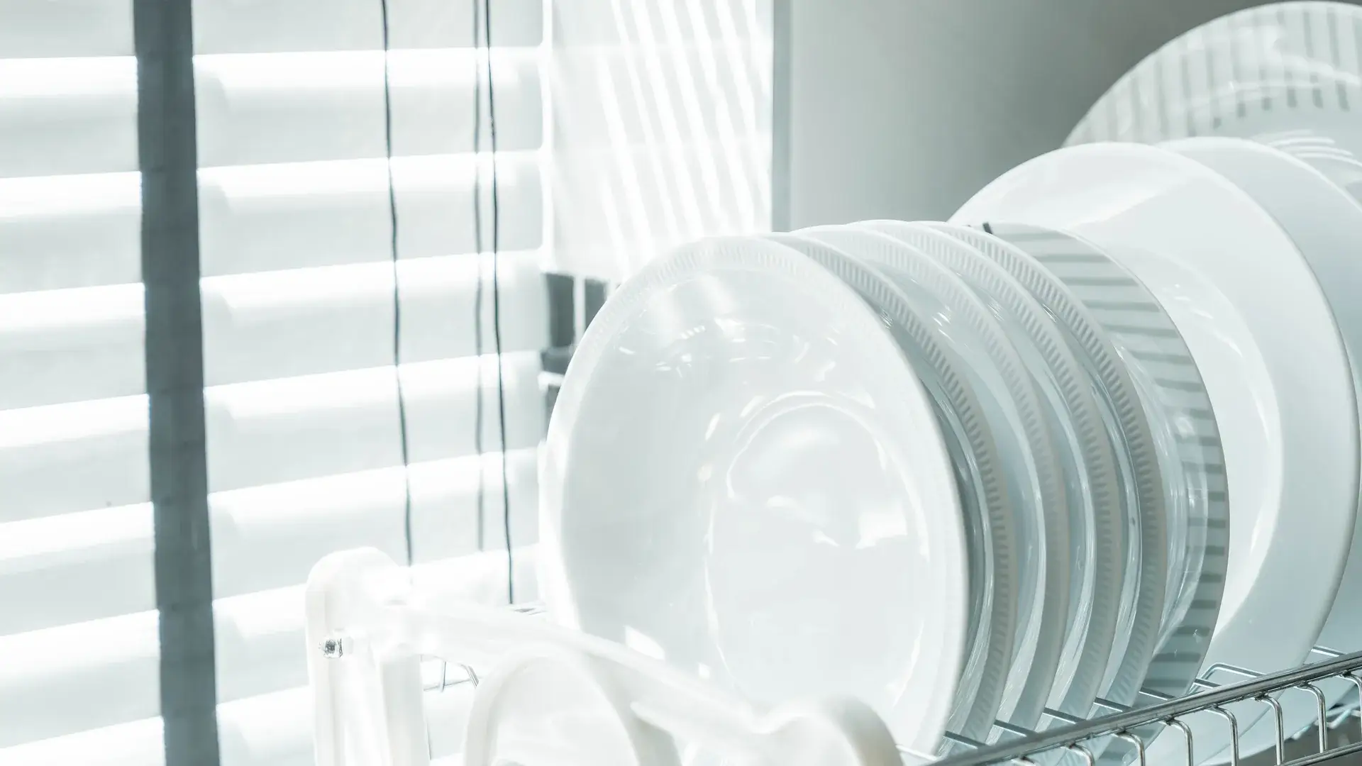 Clean white dishes on a drying rack