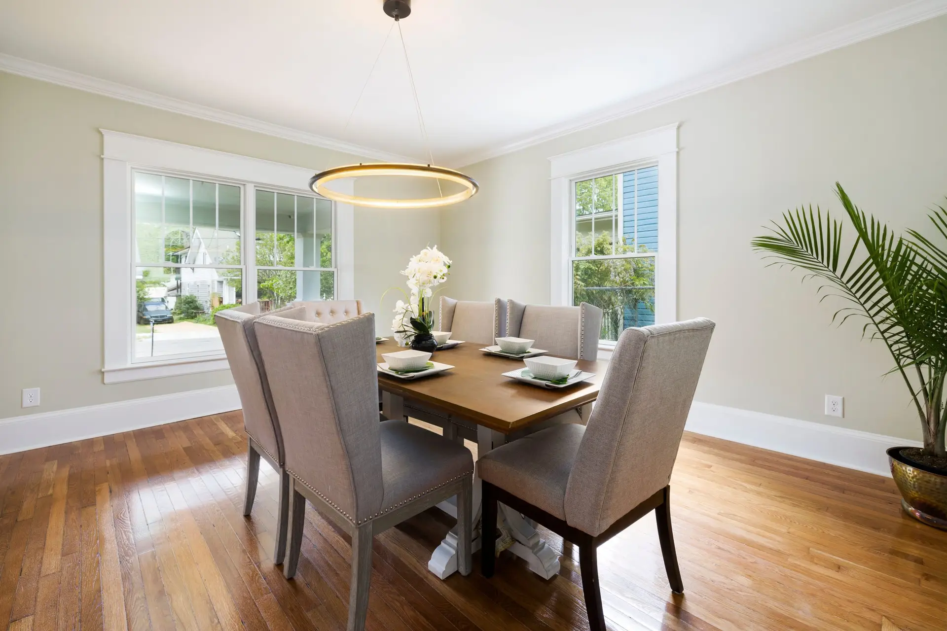 Clean bright dining room prepared for holiday entertaining in Highland Park Texas